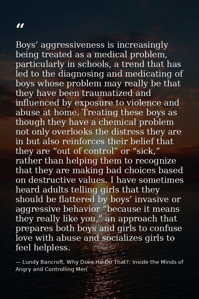 Boys’ aggressiveness is increasingly being treated as a medical problem, particularly in schools, a trend that has led t — Lundy Bancroft, Why Does He Do That?: Inside the Minds of Angry and Controlling Men