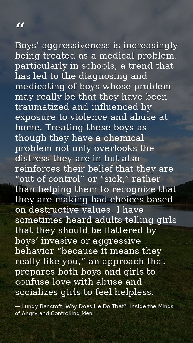 Boys’ aggressiveness is increasingly being treated as a medical problem, particularly in schools, a trend that has led t — Lundy Bancroft, Why Does He Do That?: Inside the Minds of Angry and Controlling Men