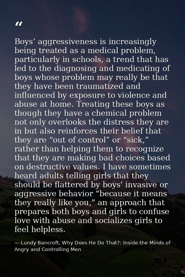 Boys’ aggressiveness is increasingly being treated as a medical problem, particularly in schools, a trend that has led t — Lundy Bancroft, Why Does He Do That?: Inside the Minds of Angry and Controlling Men