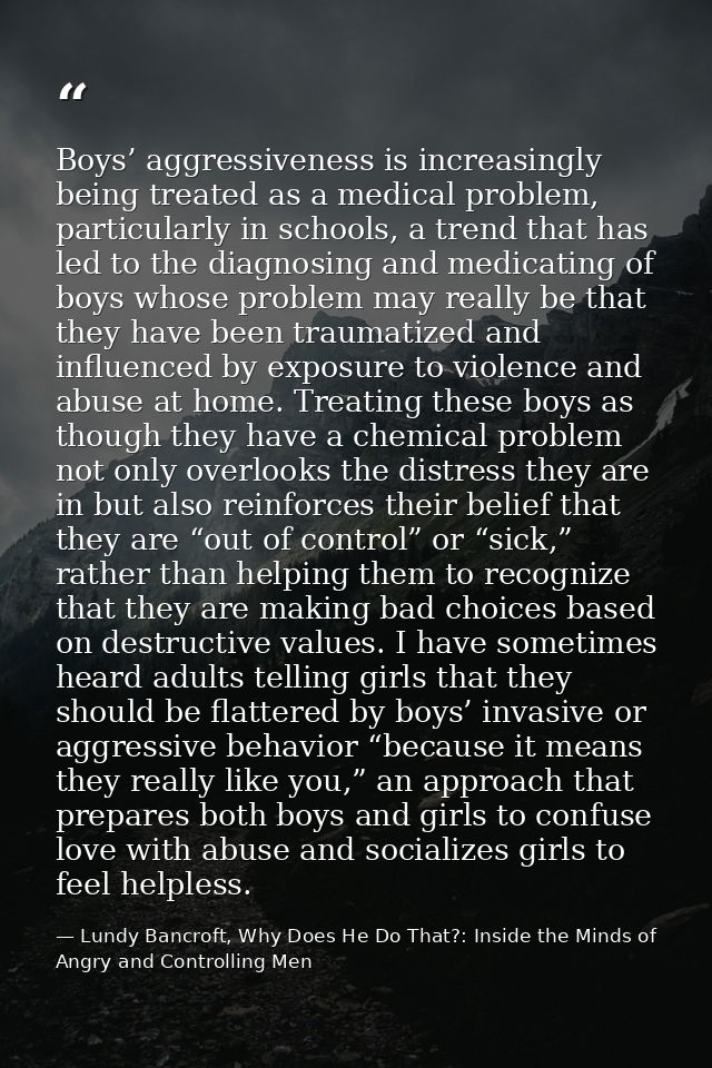 Boys’ aggressiveness is increasingly being treated as a medical problem, particularly in schools, a trend that has led t — Lundy Bancroft, Why Does He Do That?: Inside the Minds of Angry and Controlling Men