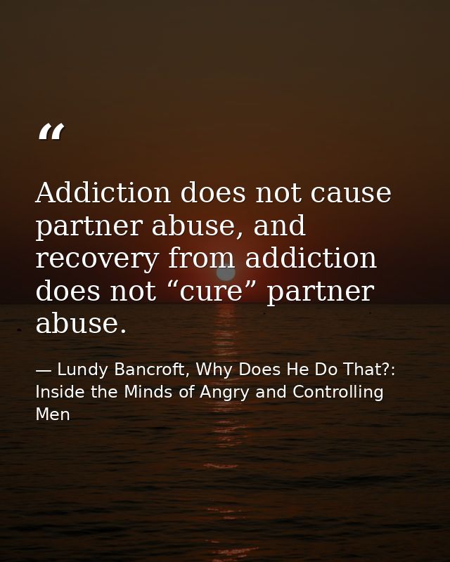Addiction does not cause partner abuse, and recovery from addiction does not “cure” partner abuse. — Lundy Bancroft, Why Does He Do That?: Inside the Minds of Angry and Controlling Men