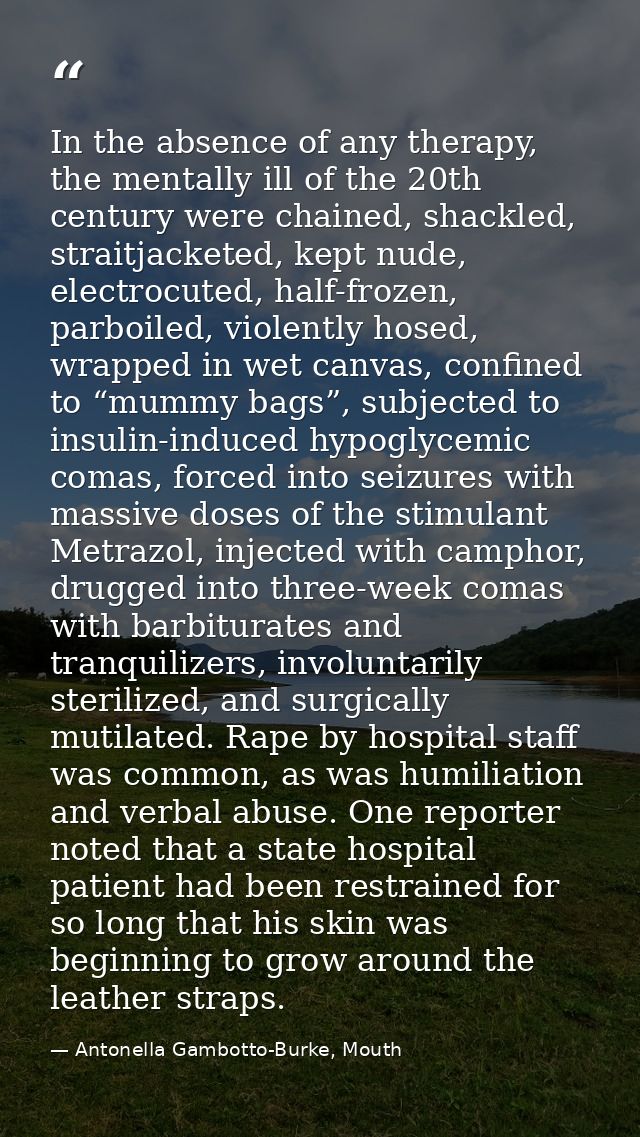 In the absence of any therapy, the mentally ill of the 20th century were chained, shackled, straitjacketed, kept nude, e — Antonella Gambotto-Burke, Mouth