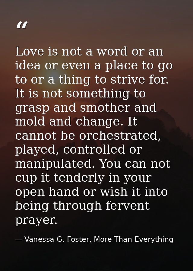 Love is not a word or an idea or even a place to go to or a thing to strive for. It is not something to grasp and smothe — Vanessa G. Foster, More Than Everything