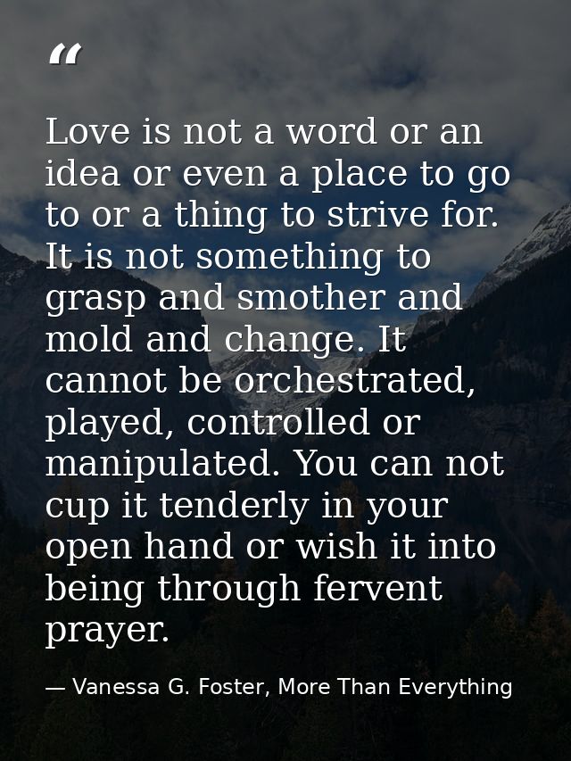 Love is not a word or an idea or even a place to go to or a thing to strive for. It is not something to grasp and smothe — Vanessa G. Foster, More Than Everything