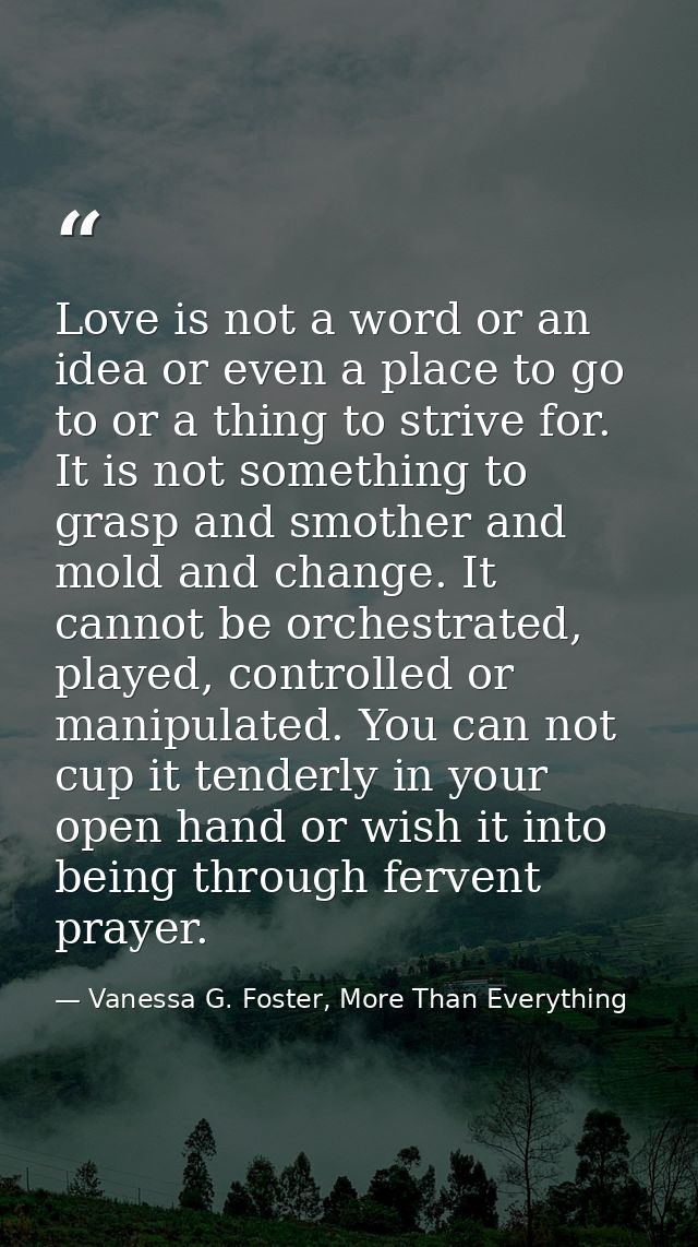 Love is not a word or an idea or even a place to go to or a thing to strive for. It is not something to grasp and smothe — Vanessa G. Foster, More Than Everything