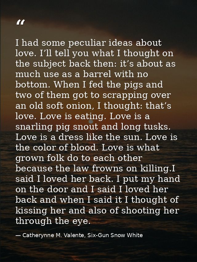 I had some peculiar ideas about love. I’ll tell you what I thought on the subject back then: it’s about as much use as a — Catherynne M. Valente, Six-Gun Snow White
