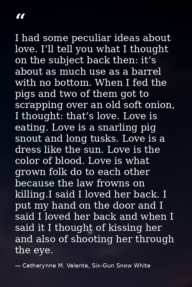 I had some peculiar ideas about love. I’ll tell you what I thought on the subject back then: it’s about as much use as a — Catherynne M. Valente, Six-Gun Snow White