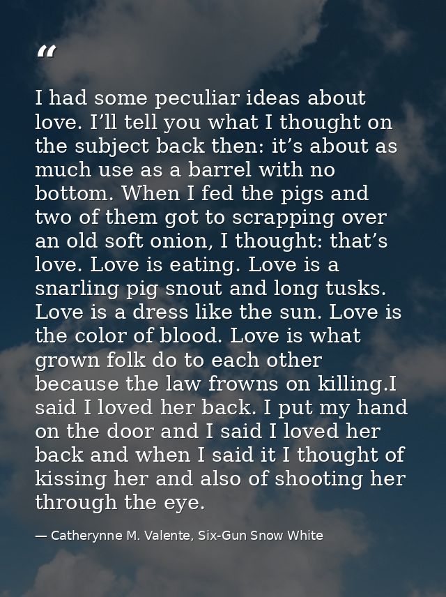 I had some peculiar ideas about love. I’ll tell you what I thought on the subject back then: it’s about as much use as a — Catherynne M. Valente, Six-Gun Snow White