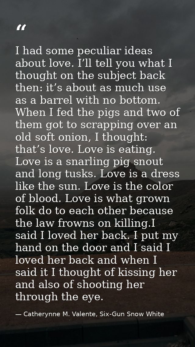 I had some peculiar ideas about love. I’ll tell you what I thought on the subject back then: it’s about as much use as a — Catherynne M. Valente, Six-Gun Snow White