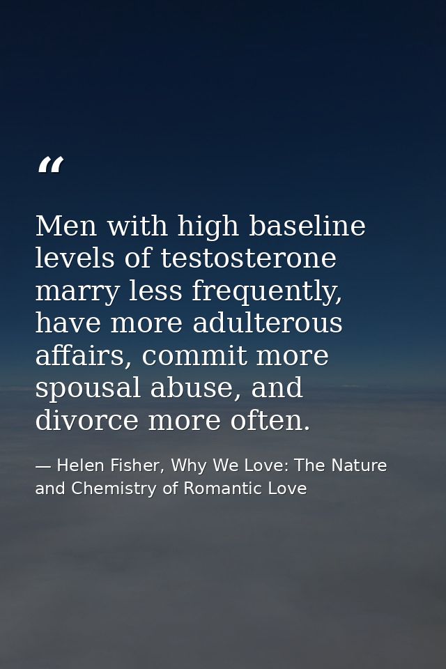 Men with high baseline levels of testosterone marry less frequently, have more adulterous affairs, commit more spousal a — Helen Fisher, Why We Love: The Nature and Chemistry of Romantic Love