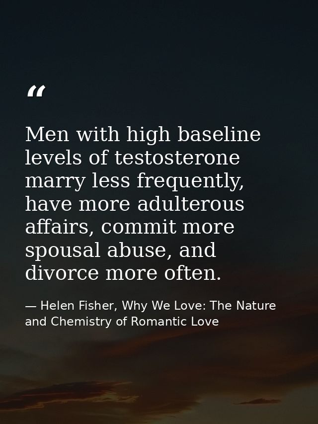 Men with high baseline levels of testosterone marry less frequently, have more adulterous affairs, commit more spousal a — Helen Fisher, Why We Love: The Nature and Chemistry of Romantic Love
