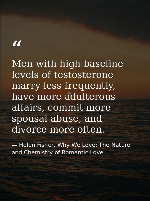 Men with high baseline levels of testosterone marry less frequently, have more adulterous affairs, commit more spousal a — Helen Fisher, Why We Love: The Nature and Chemistry of Romantic Love