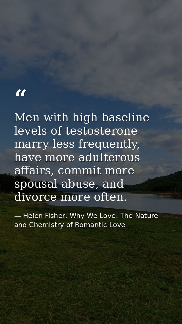 Men with high baseline levels of testosterone marry less frequently, have more adulterous affairs, commit more spousal a — Helen Fisher, Why We Love: The Nature and Chemistry of Romantic Love
