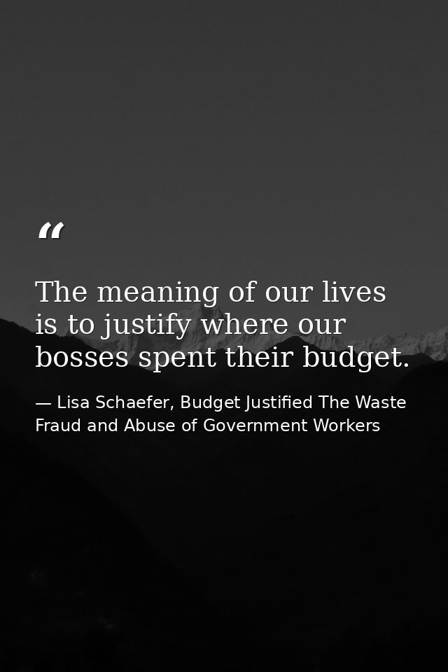 The meaning of our lives is to justify where our bosses spent their budget. — Lisa Schaefer, Budget Justified The Waste Fraud and Abuse of Government Workers