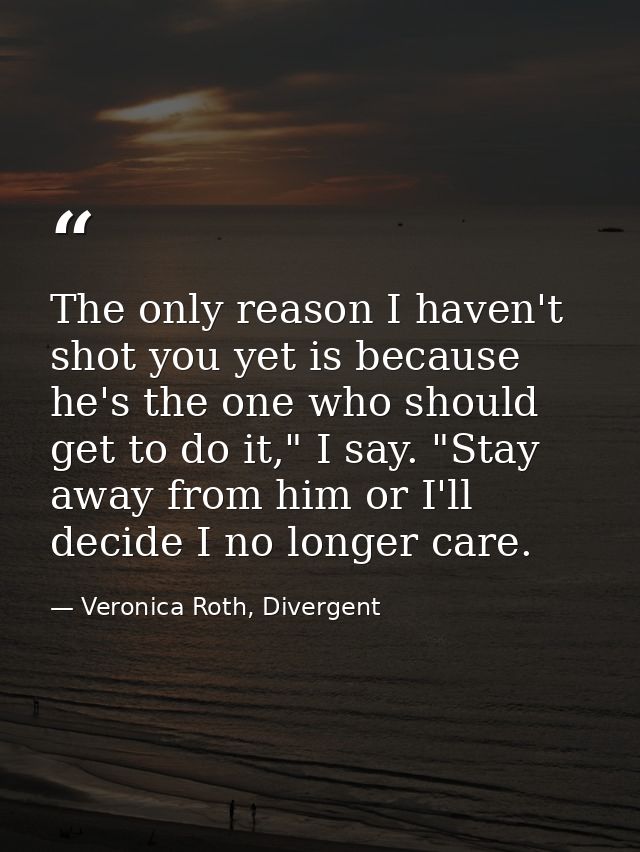 The only reason I haven't shot you yet is because he's the one who should get to do it," I say. "Stay away from him or I — Veronica Roth, Divergent