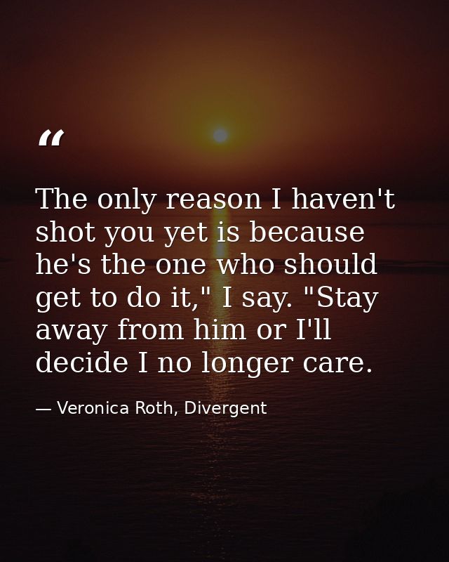 The only reason I haven't shot you yet is because he's the one who should get to do it," I say. "Stay away from him or I — Veronica Roth, Divergent