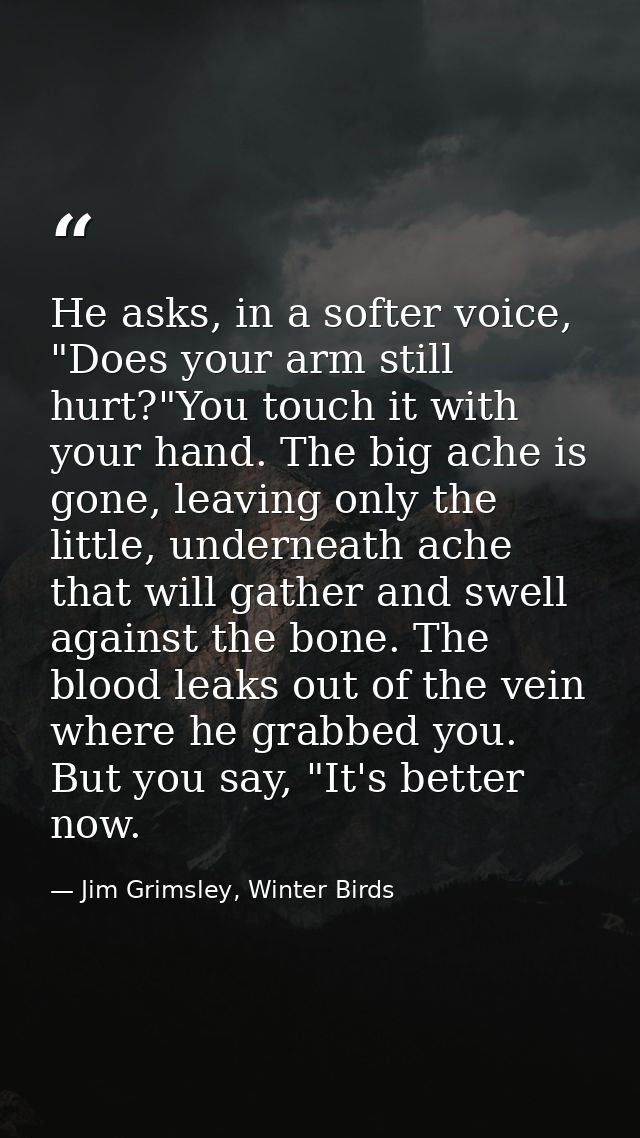 He asks, in a softer voice, "Does your arm still hurt?"You touch it with your hand. The big ache is gone, leaving only t — Jim Grimsley, Winter Birds