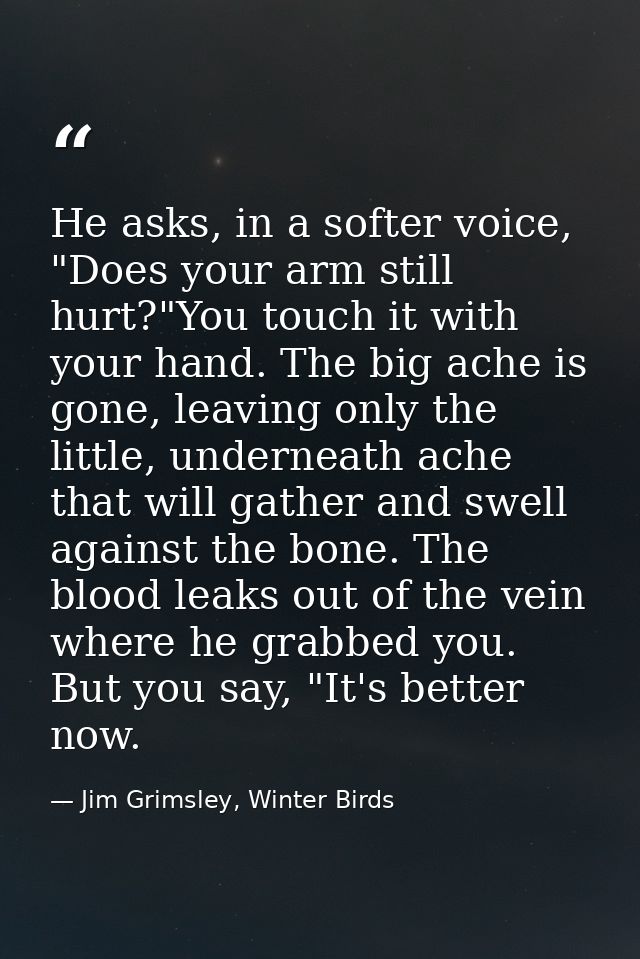 He asks, in a softer voice, "Does your arm still hurt?"You touch it with your hand. The big ache is gone, leaving only t — Jim Grimsley, Winter Birds