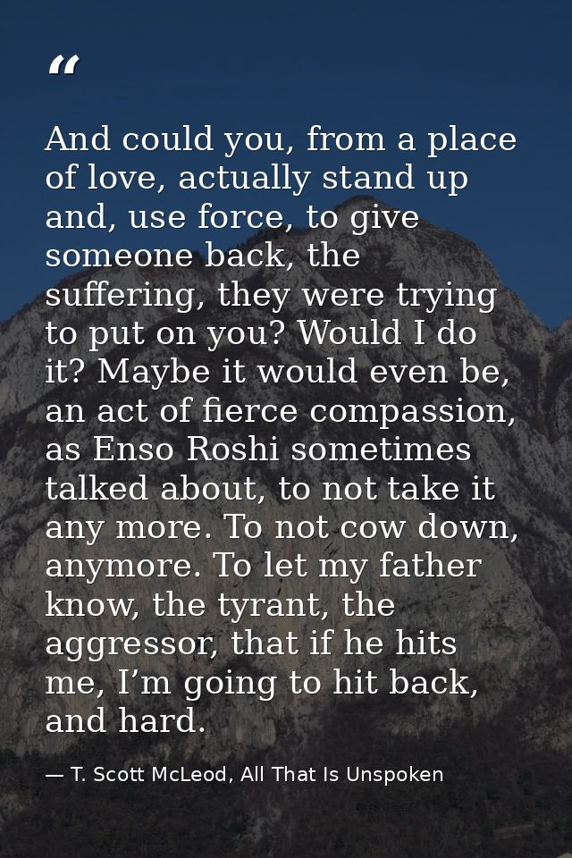 And could you, from a place of love, actually stand up and, use force, to give someone back, the suffering, they were tr — T. Scott McLeod, All That Is Unspoken