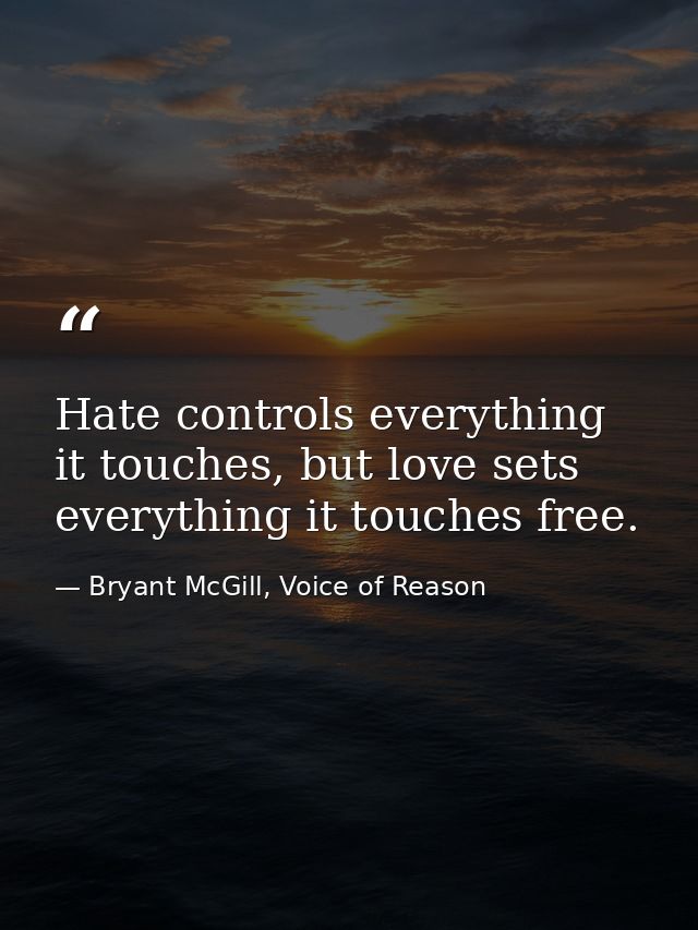 Hate controls everything it touches, but love sets everything it touches free. — Bryant McGill, Voice of Reason