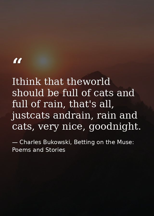 Ithink that theworld should be full of cats and full of rain, that's all, justcats andrain, rain and cats, very nice, go — Charles Bukowski, Betting on the Muse: Poems and Stories