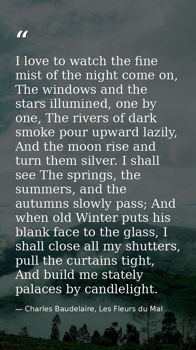 I love to watch the fine mist of the night come on, The windows and the stars illumined, one by one, The rivers of dark  — Charles Baudelaire, Les Fleurs du Mal