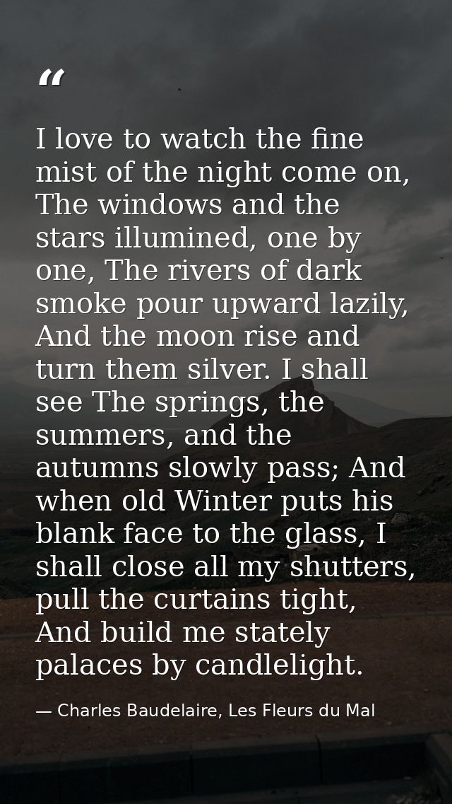 I love to watch the fine mist of the night come on, The windows and the stars illumined, one by one, The rivers of dark  — Charles Baudelaire, Les Fleurs du Mal