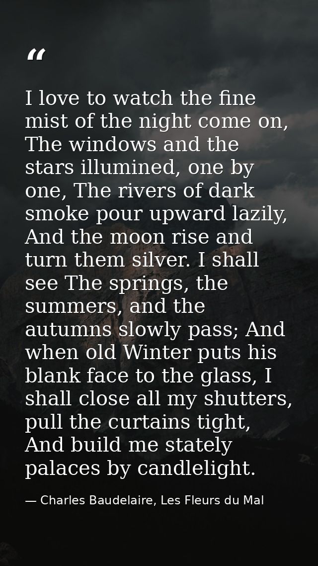 I love to watch the fine mist of the night come on, The windows and the stars illumined, one by one, The rivers of dark  — Charles Baudelaire, Les Fleurs du Mal