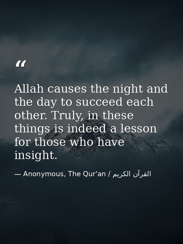Allah causes the night and the day to succeed each other. Truly, in these things is indeed a lesson for those who have i — Anonymous, The Qur'an / القرآن الكريم