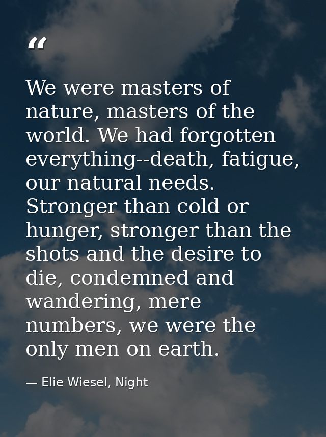 We were masters of nature, masters of the world. We had forgotten everything--death, fatigue, our natural needs. Stronge — Elie Wiesel, Night