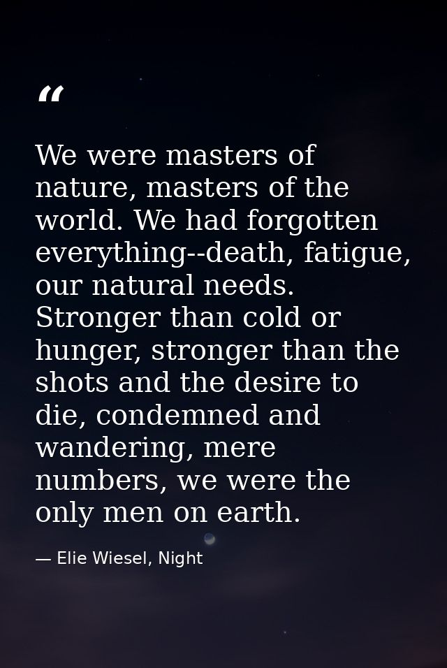 We were masters of nature, masters of the world. We had forgotten everything--death, fatigue, our natural needs. Stronge — Elie Wiesel, Night