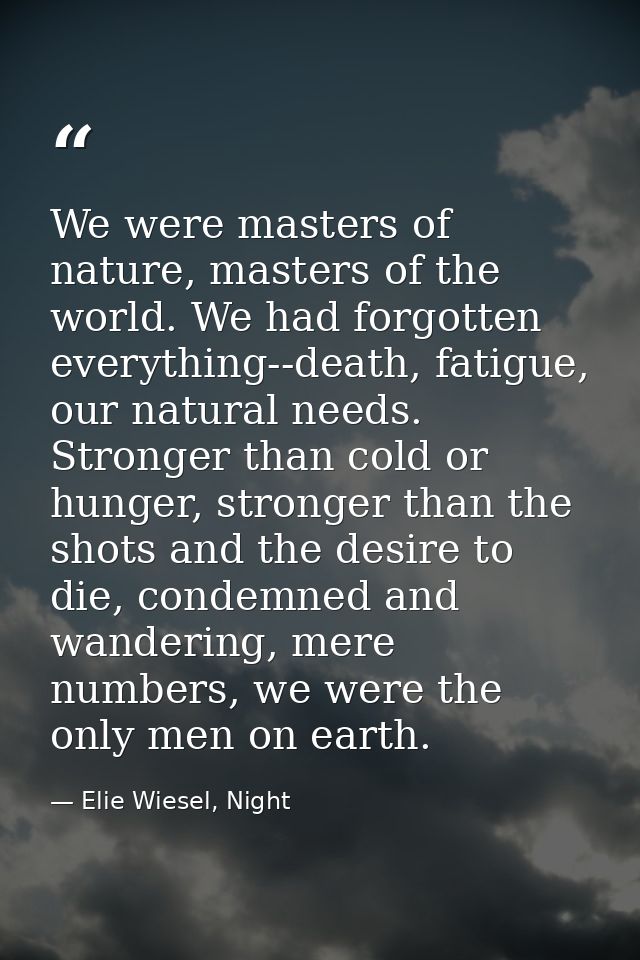 We were masters of nature, masters of the world. We had forgotten everything--death, fatigue, our natural needs. Stronge — Elie Wiesel, Night