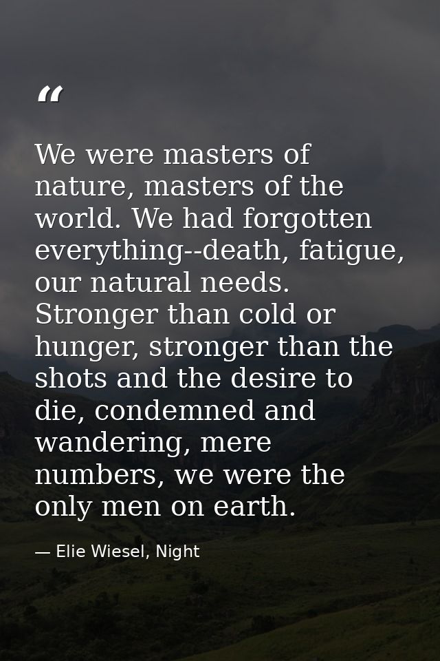 We were masters of nature, masters of the world. We had forgotten everything--death, fatigue, our natural needs. Stronge — Elie Wiesel, Night
