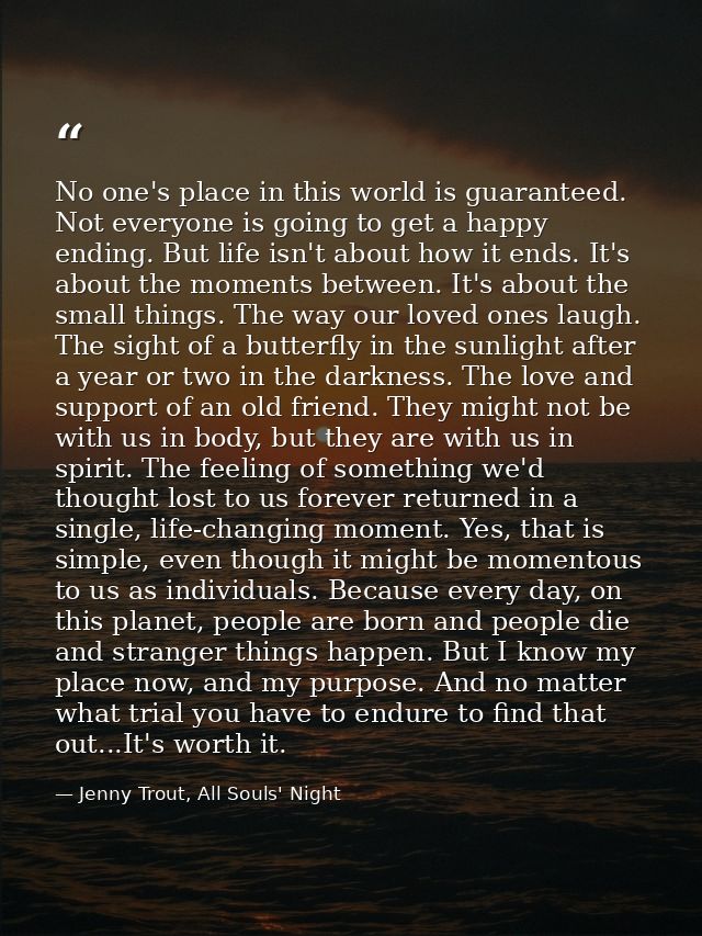 No one's place in this world is guaranteed. Not everyone is going to get a happy ending. But life isn't about how it end — Jenny Trout, All Souls' Night