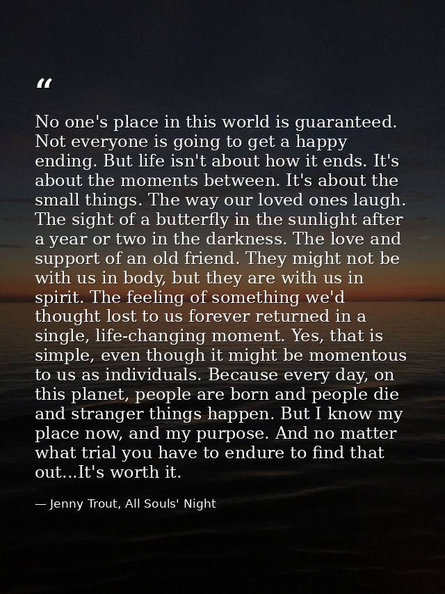 No one's place in this world is guaranteed. Not everyone is going to get a happy ending. But life isn't about how it end — Jenny Trout, All Souls' Night