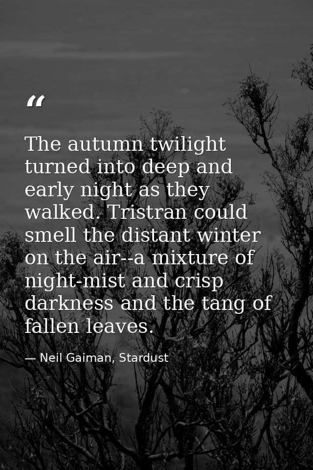 The autumn twilight turned into deep and early night as they walked. Tristran could smell the distant winter on the air- — Neil Gaiman, Stardust