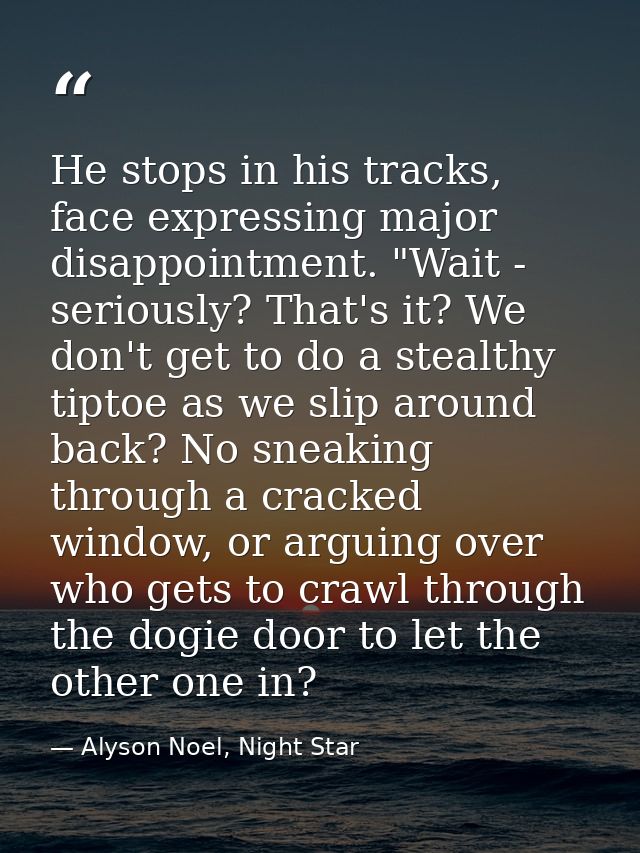 He stops in his tracks, face expressing major disappointment. "Wait - seriously? That's it? We don't get to do a stealth — Alyson Noel, Night Star