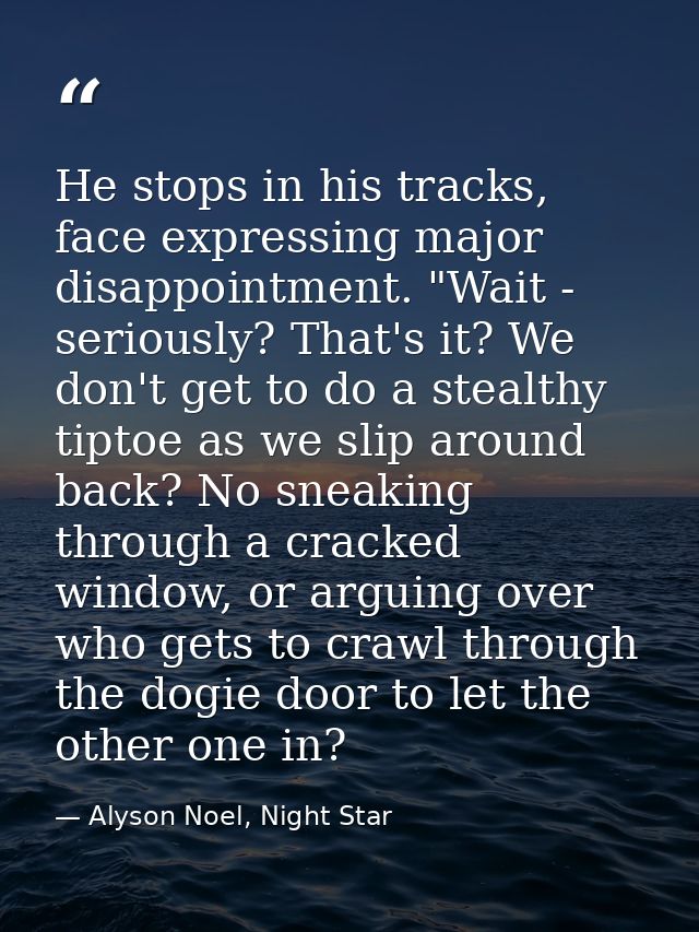 He stops in his tracks, face expressing major disappointment. "Wait - seriously? That's it? We don't get to do a stealth — Alyson Noel, Night Star