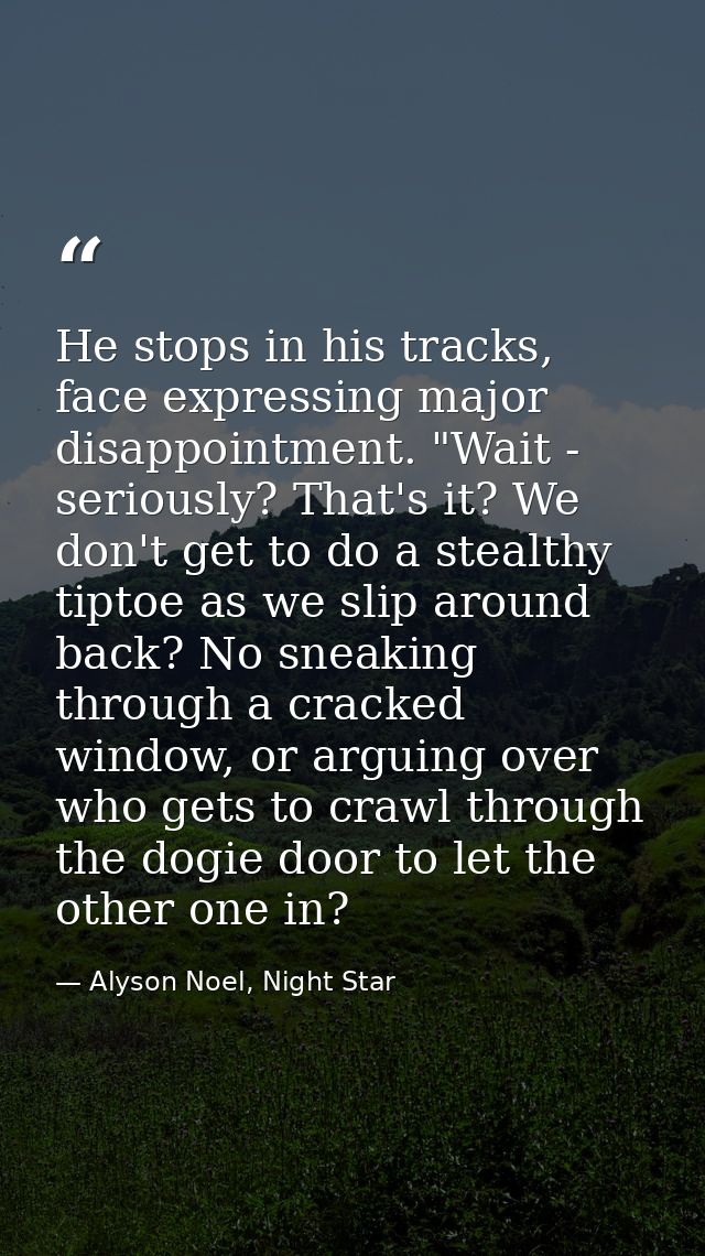 He stops in his tracks, face expressing major disappointment. "Wait - seriously? That's it? We don't get to do a stealth — Alyson Noel, Night Star