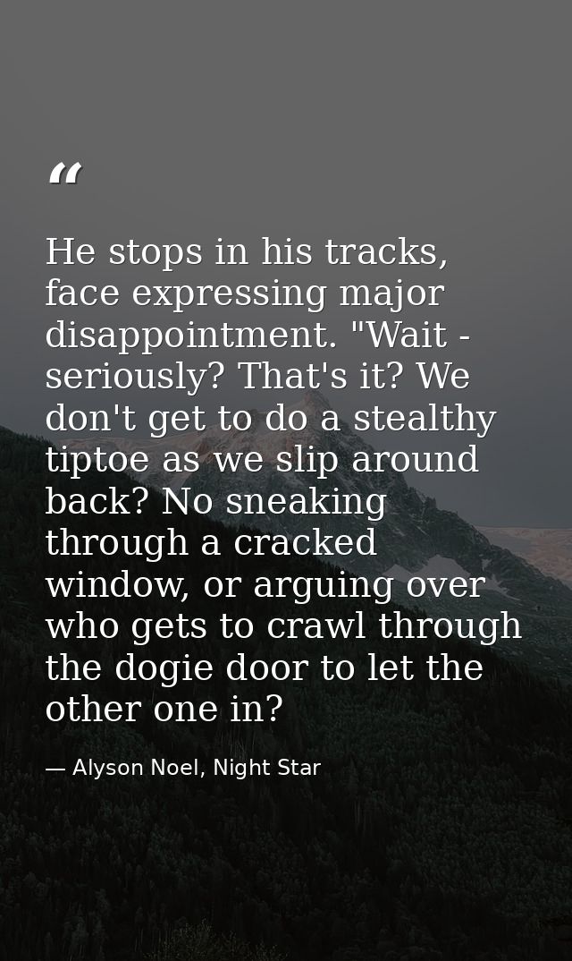 He stops in his tracks, face expressing major disappointment. "Wait - seriously? That's it? We don't get to do a stealth — Alyson Noel, Night Star