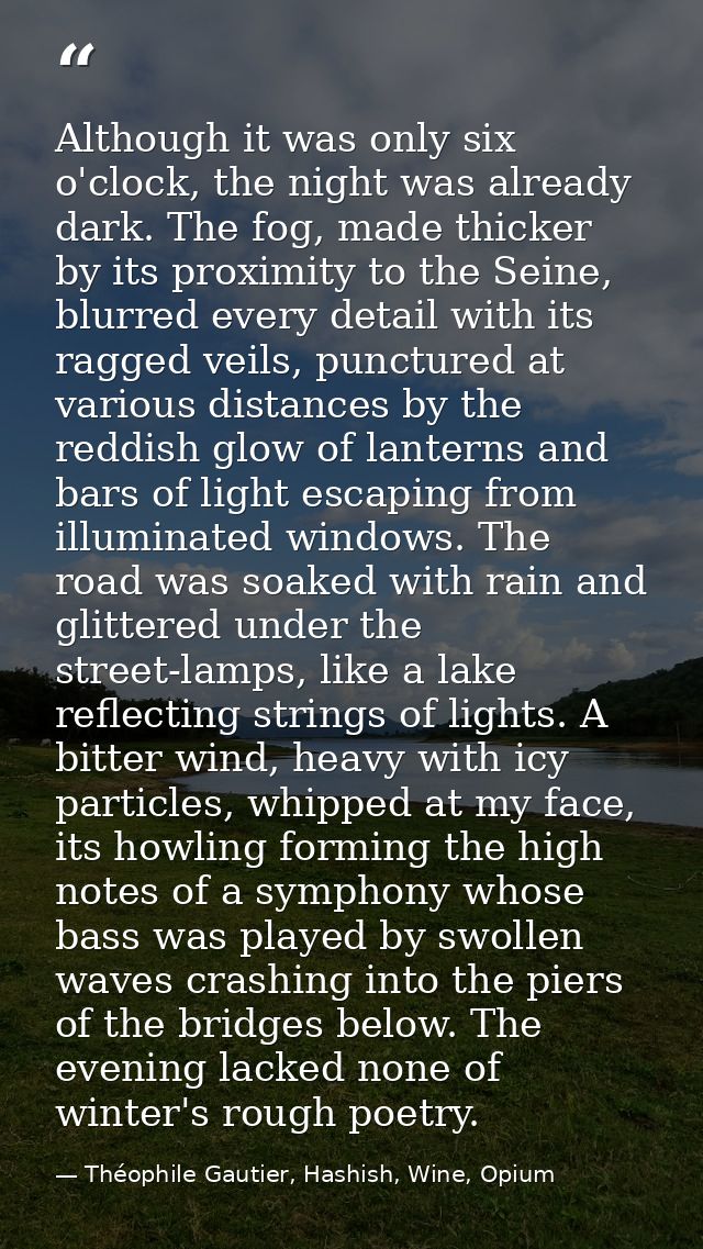 Although it was only six o'clock, the night was already dark. The fog, made thicker by its proximity to the Seine, blurr — Théophile Gautier, Hashish, Wine, Opium