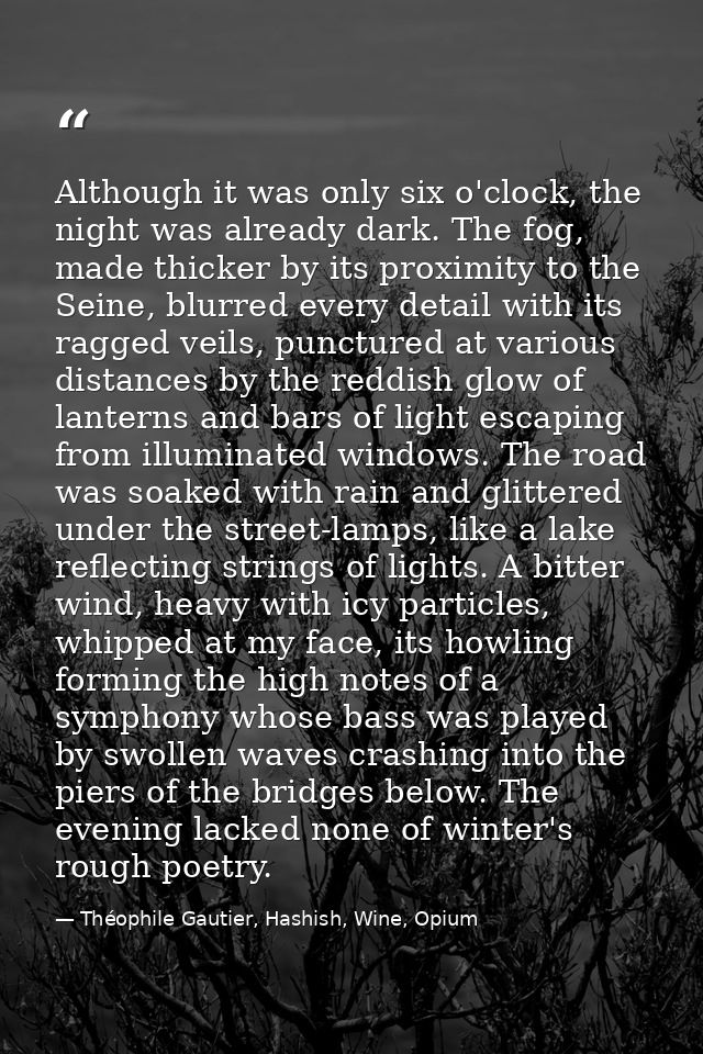 Although it was only six o'clock, the night was already dark. The fog, made thicker by its proximity to the Seine, blurr — Théophile Gautier, Hashish, Wine, Opium