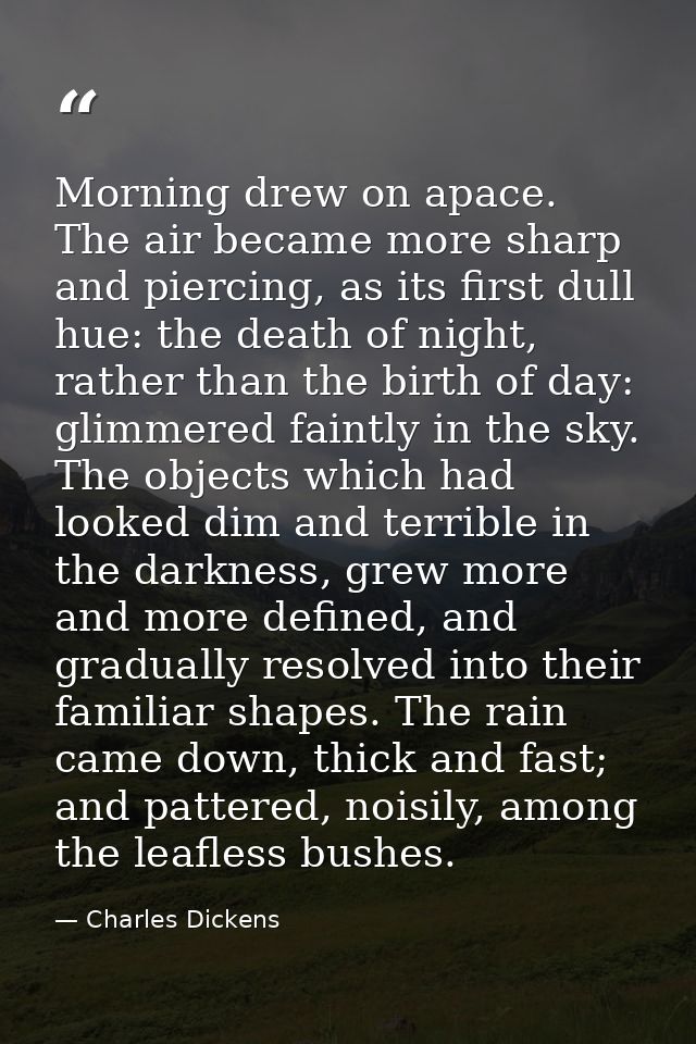 Morning drew on apace. The air became more sharp and piercing, as its first dull hue: the death of night, rather than th — Charles Dickens
