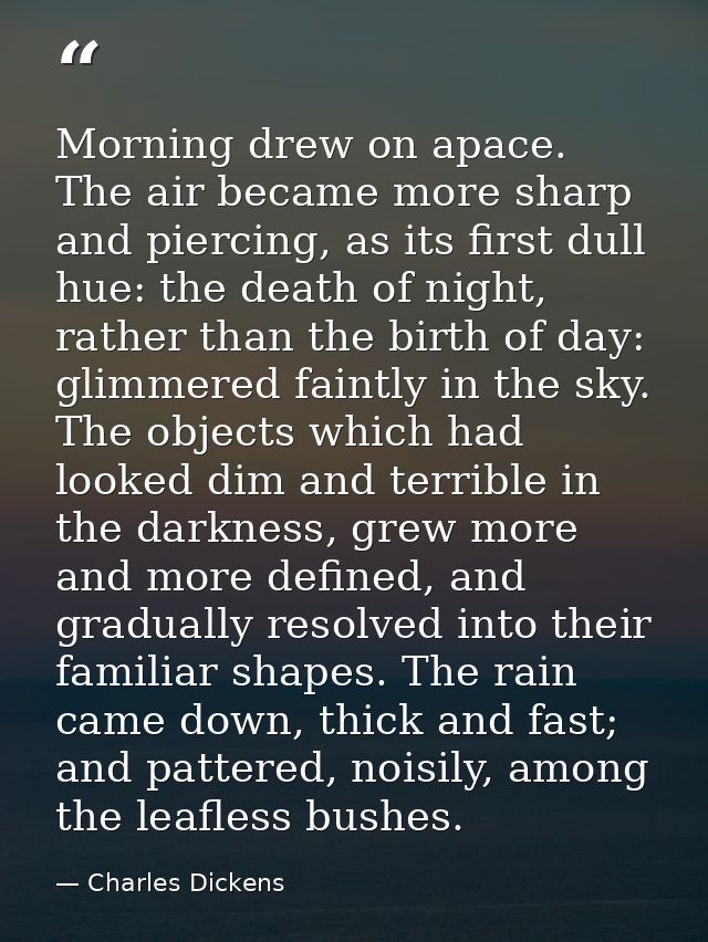 Morning drew on apace. The air became more sharp and piercing, as its first dull hue: the death of night, rather than th — Charles Dickens