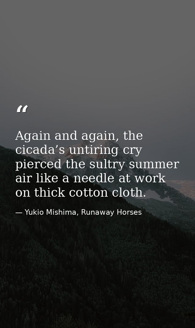 Again and again, the cicada’s untiring cry pierced the sultry summer air like a needle at work on thick cotton cloth. — Yukio Mishima, Runaway Horses