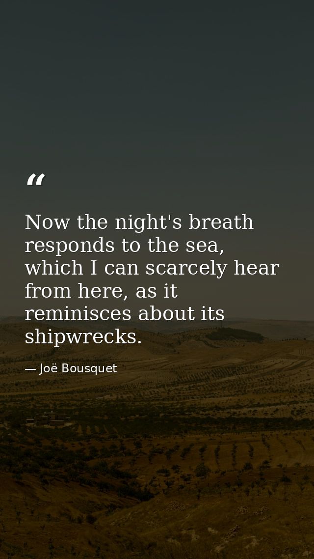 Now the night's breath responds to the sea, which I can scarcely hear from here, as it reminisces about its shipwrecks. — Joë Bousquet