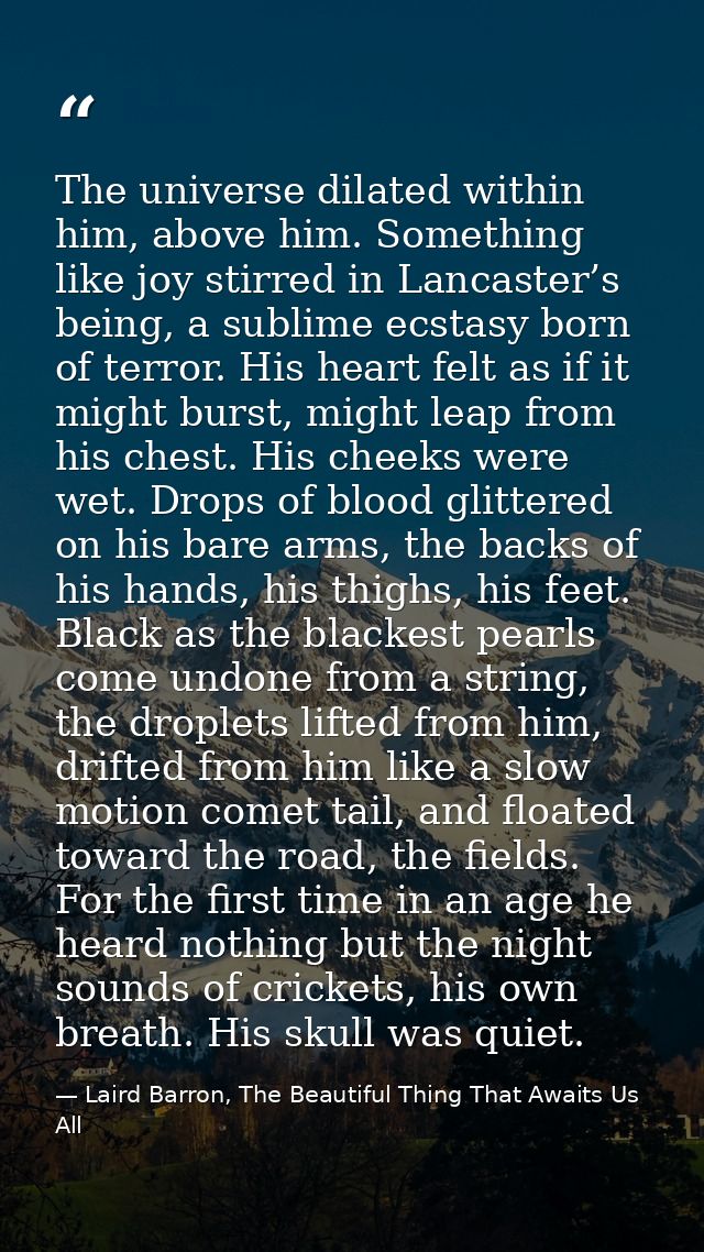 The universe dilated within him, above him. Something like joy stirred in Lancaster’s being, a sublime ecstasy born of t — Laird Barron, The Beautiful Thing That Awaits Us All