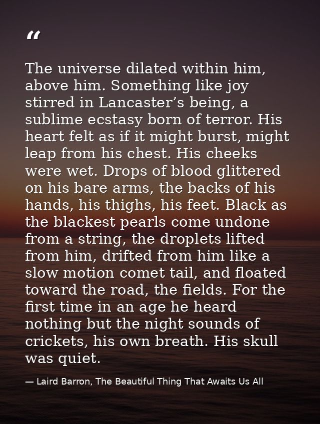 The universe dilated within him, above him. Something like joy stirred in Lancaster’s being, a sublime ecstasy born of t — Laird Barron, The Beautiful Thing That Awaits Us All