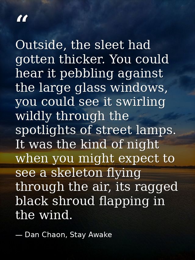 Outside, the sleet had gotten thicker. You could hear it pebbling against the large glass windows, you could see it swir — Dan Chaon, Stay Awake