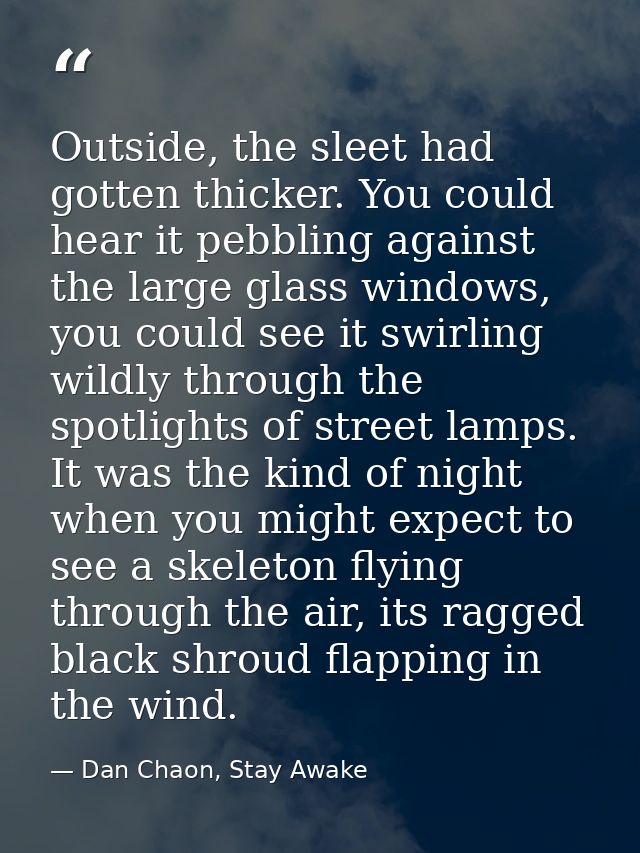 Outside, the sleet had gotten thicker. You could hear it pebbling against the large glass windows, you could see it swir — Dan Chaon, Stay Awake